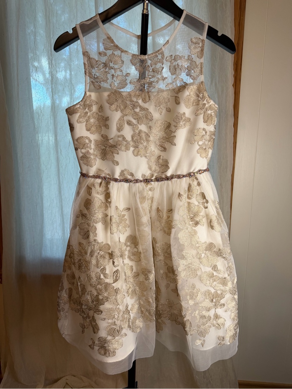 Rare Editions Cream Dress with Gold Lame Floral Design
